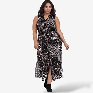 Torrid Maxi Shirt Dress Size 2X Sleeveless Black Pink Floral Tie Waist Side Slit